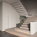 Modern Interior Staircase With Glass Railing Wooden Steps And Green Plant Decoration