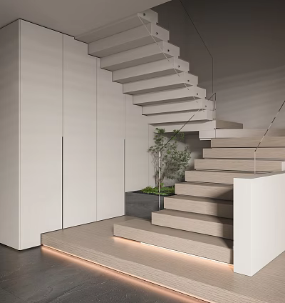 Modern Interior Staircase With Glass Railing Wooden Steps And Green Plant Decoration 3d model