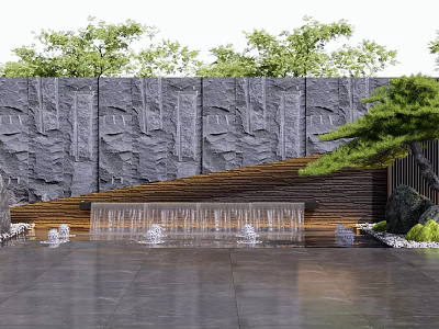 Feature Wall With Stone Texture Water Feature And Surrounding Green Plants In Landscape Design 3d model