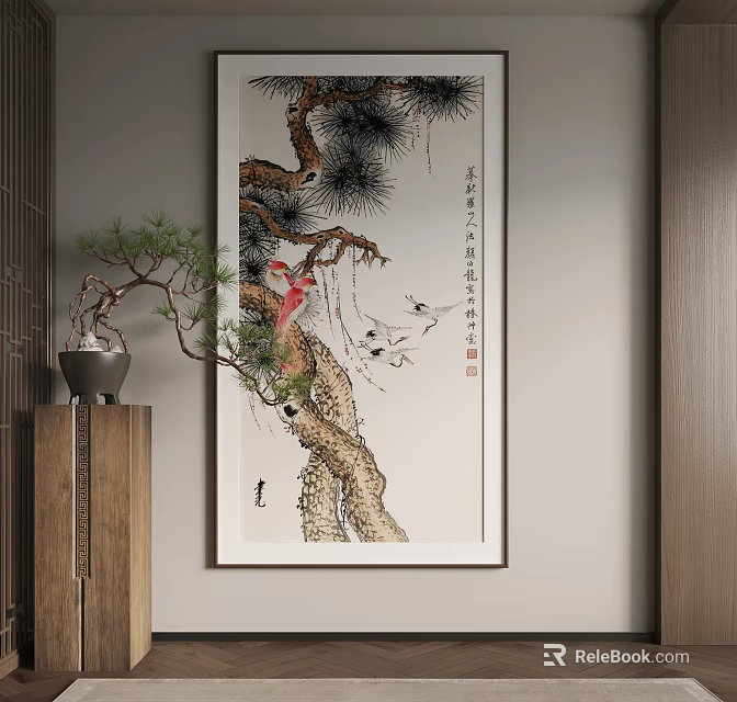 Traditional Chinese Landscape Painting With Pine Tree Birds And Calligraphy Artwork 3d model 