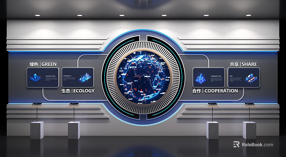 Futuristic Exhibition Hall With Circular Globe Blue Red Data Points Eco Tech Cooperation Screens 3d model 