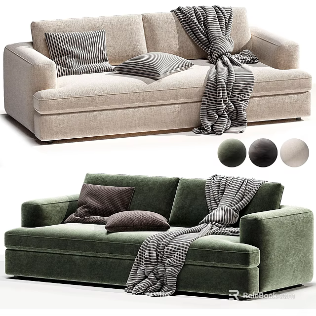 Modern Beige Sofa With Striped Pillows And Green Sofa With Cozy Throw Blanket 3d model 