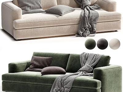 Modern Beige Sofa With Striped Pillows And Green Sofa With Cozy Throw Blanket 3d model