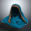 Blue Hooded Cloak With Brown Trim And Textured Folded Fabric Design