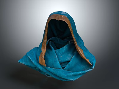 Blue Hooded Cloak With Brown Trim And Textured Folded Fabric Design 3d model