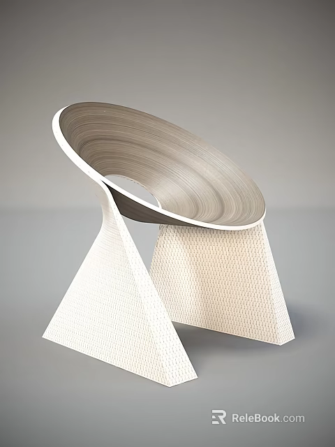 Modern Curved Wooden Seat Single Chair With White Woven Triangle Base Design 3d model 
