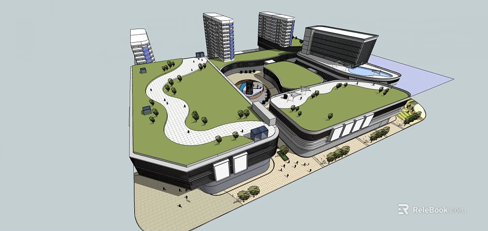 Modern Commercial Complex with Green Roof Walkways Trees High Rise Buildings and Open Plaza Design 3d model 