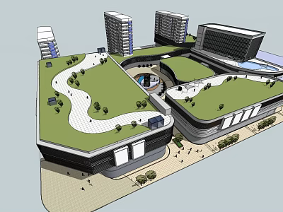 Modern Commercial Complex with Green Roof Walkways Trees High Rise Buildings and Open Plaza Design 3d model