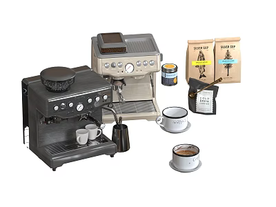 Modern Home Kitchen Coffee Machines With Cups Bean Bags And Accessories 3d model