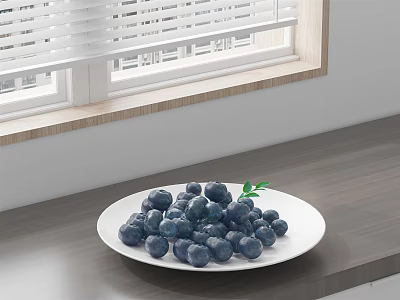 White Ceramic Plate with Fresh Blueberries on Kitchen Counter by Window 3d model