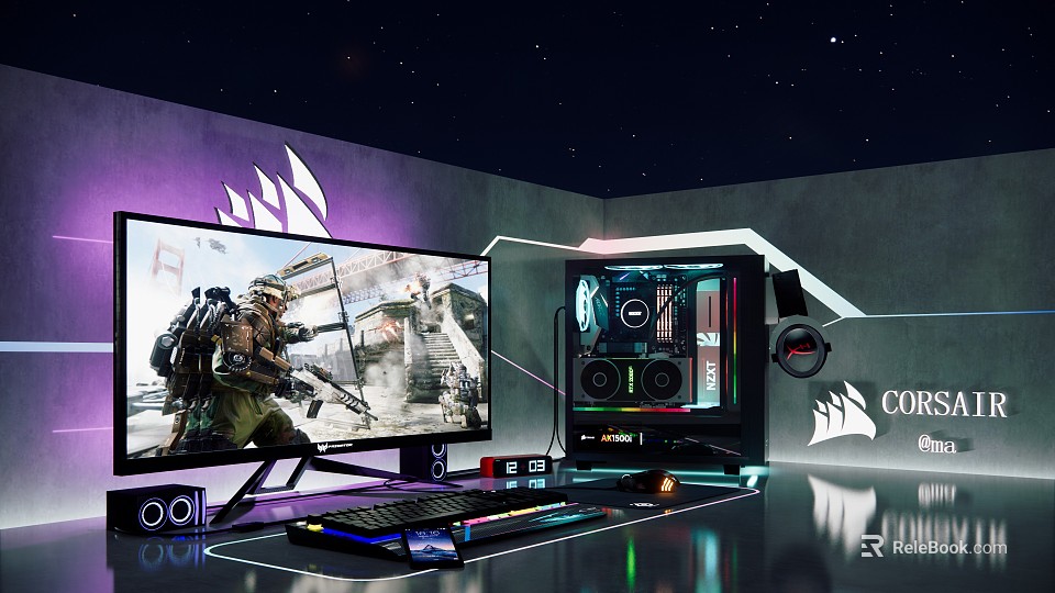 High Performance Gaming PC Setup with RGB Lighting Monitor Mechanical Keyboard Mouse and Game Scene 3d model 