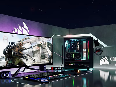 High Performance Gaming PC Setup with RGB Lighting Monitor Mechanical Keyboard Mouse and Game Scene 3d model