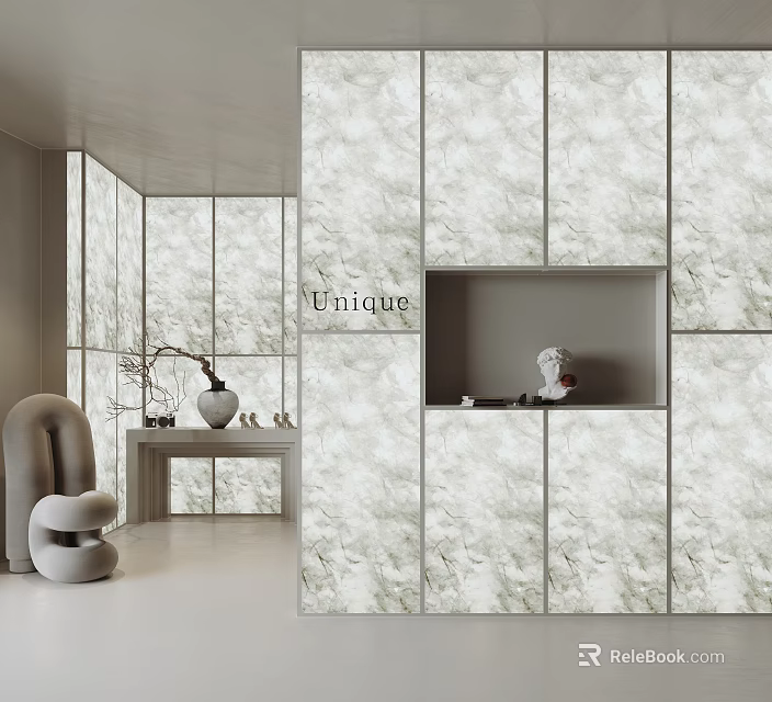 Unique Marble Textured Partition Design In Modern Interior With Display Niche 3d model 