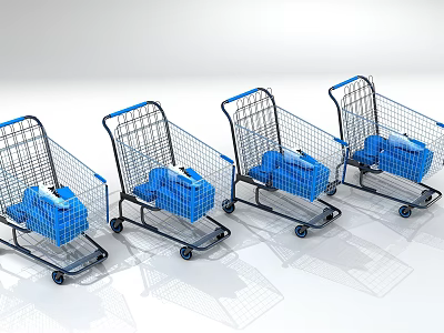 Supermarket Department Store Shopping Carts With Blue Bags Arranged In A Row 3d model