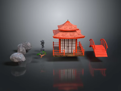 Traditional Japanese Garden With Red Pavilion Stone Lantern And Small Bridge 3d model