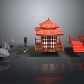 Traditional Japanese Garden With Red Pavilion Stone Lantern And Small Bridge