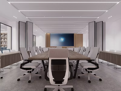 Modern Conference Room Interior With Long Wooden Table Wall Screen And Wheeled Office Chairs 3d model