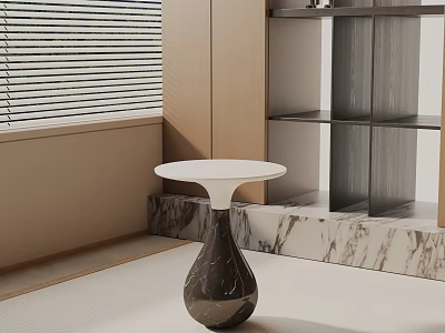 Modern Minimalist Bedside Table With White Round Top And Dark Brown Marble Base 3d model