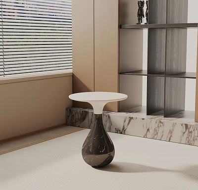 Modern Minimalist Bedside Table With White Round Top And Dark Brown Marble Base 3d model
