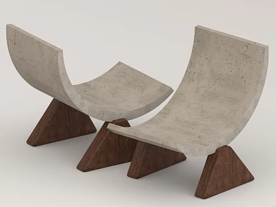 Concrete Lounge Chairs With Curved Design And Wooden Triangular Bases 3d model