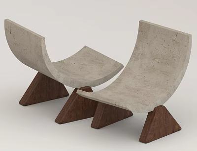 Concrete Lounge Chairs With Curved Design And Wooden Triangular Bases 3d model