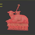 Lamb Sculpture Adorned with Cross Flag on Red Cushion and Stacked Books with Golden Medallions