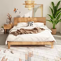 Double Bed With Wooden Headboard White Sheets Brown Throw Blanket And Green Plant