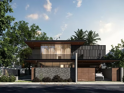Modern Detached Villa Exterior With Glass Facade Palm Trees And Landscaped Driveway 3d model
