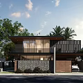 Modern Detached Villa Exterior With Glass Facade Palm Trees And Landscaped Driveway
