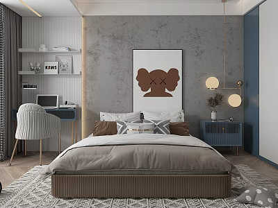 Modern Minimalist Children's Room With Gray Walls Bed Desk And Cartoon Character Wall Art 3d model