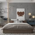 Modern Minimalist Children's Room With Gray Walls Bed Desk And Cartoon Character Wall Art
