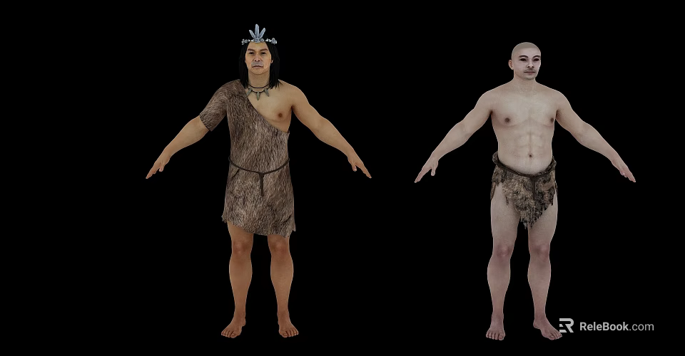 Two Men In Primitive Tribal Attire With Headdress And Animal Skin Clothing 3d model 