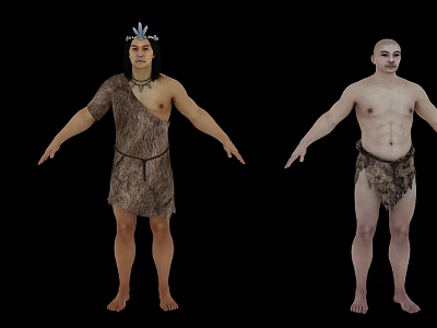 Two Men In Primitive Tribal Attire With Headdress And Animal Skin Clothing 3d model