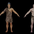 Two Men In Primitive Tribal Attire With Headdress And Animal Skin Clothing