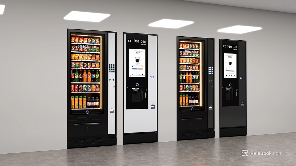Beverage And Coffee Bar Vending Machines Lined Up In Indoor Space 3d model 