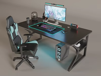 Gaming Computer Setup With Black Desk Ergonomic Chair Monitor Keyboard And RGB Lighting 3d model