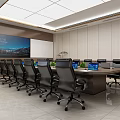 Modern Conference Room Interior With Long Table Black Leather Chairs Large Screen Green Plant Windows