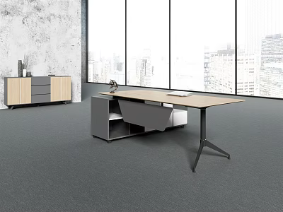 Modern Office Desk With Minimalist Design Storage Cabinet And City View Window 3d model