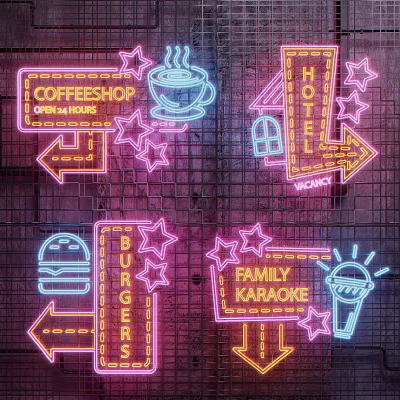 Neon Decorative Lights Featuring Coffeeshop Hotel Burger Family Karaoke Signs Arrows Stars And Icons 3d model