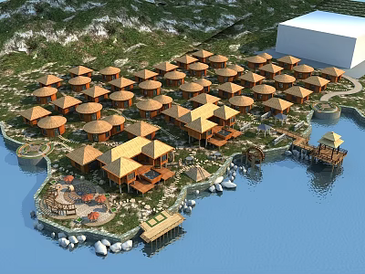Scenic Thatched Houses Cluster With Wooden Platforms by Waterfront Mountain View 3d model