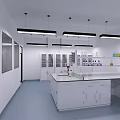 Modern Laboratory Interior With White Lab Benches Cabinets Pendant Lights Blue Flooring And Computer Chairs