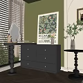 Black Dresser with Drawers Mirror and Green Wall Painting Near Window Blinds