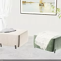 Beige and Green Modern Ottomans with Cozy Blankets in Living Room Interior