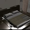 Modern Double Bed with Wooden Headboard White Pillows Checkered Blanket and Gold Bird Wall Decor
