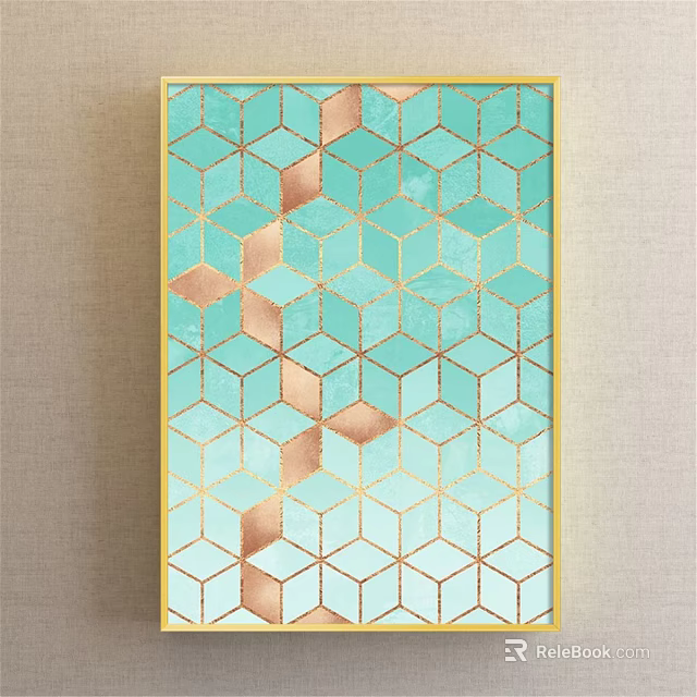 Abstract Painting With Turquoise Gold Geometric Hexagon Pattern Gradient Design And Gold Frame 3d model