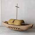 Simple Wooden Boat With Thatched Roof And Cross Mast Wooden Structure