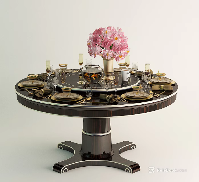 Elegant Dark Wooden Round Dining Table With Pink Flowers Vase And Tableware Set 3d model