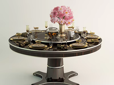 Elegant Dark Wooden Round Dining Table With Pink Flowers Vase And Tableware Set 3d model