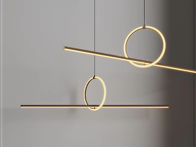 Modern Golden Pendant Lights with Circular Rings and Long Bars Design 3d model