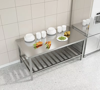 Stainless Steel Workbench In Commercial Kitchen With Plates Cups Carrots Potatoes And Vegetables 3d model